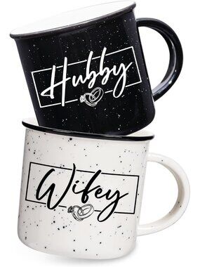 Couples Coffee Mugs Set of 2 - Wifey Hubby 10oz - Perfect Bridal Shower